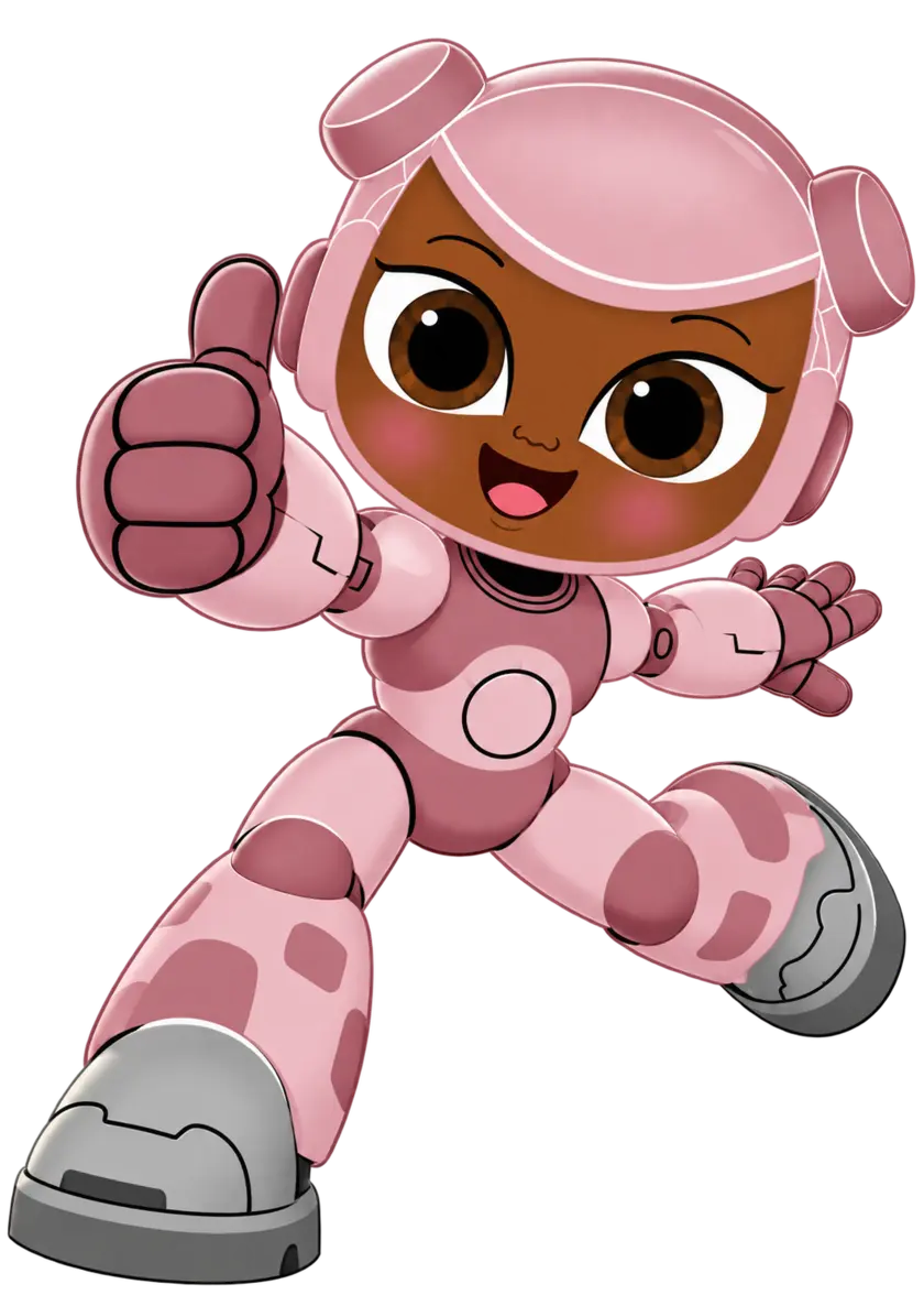 AROC Adventures robot character in pink giving a thumbs-up
