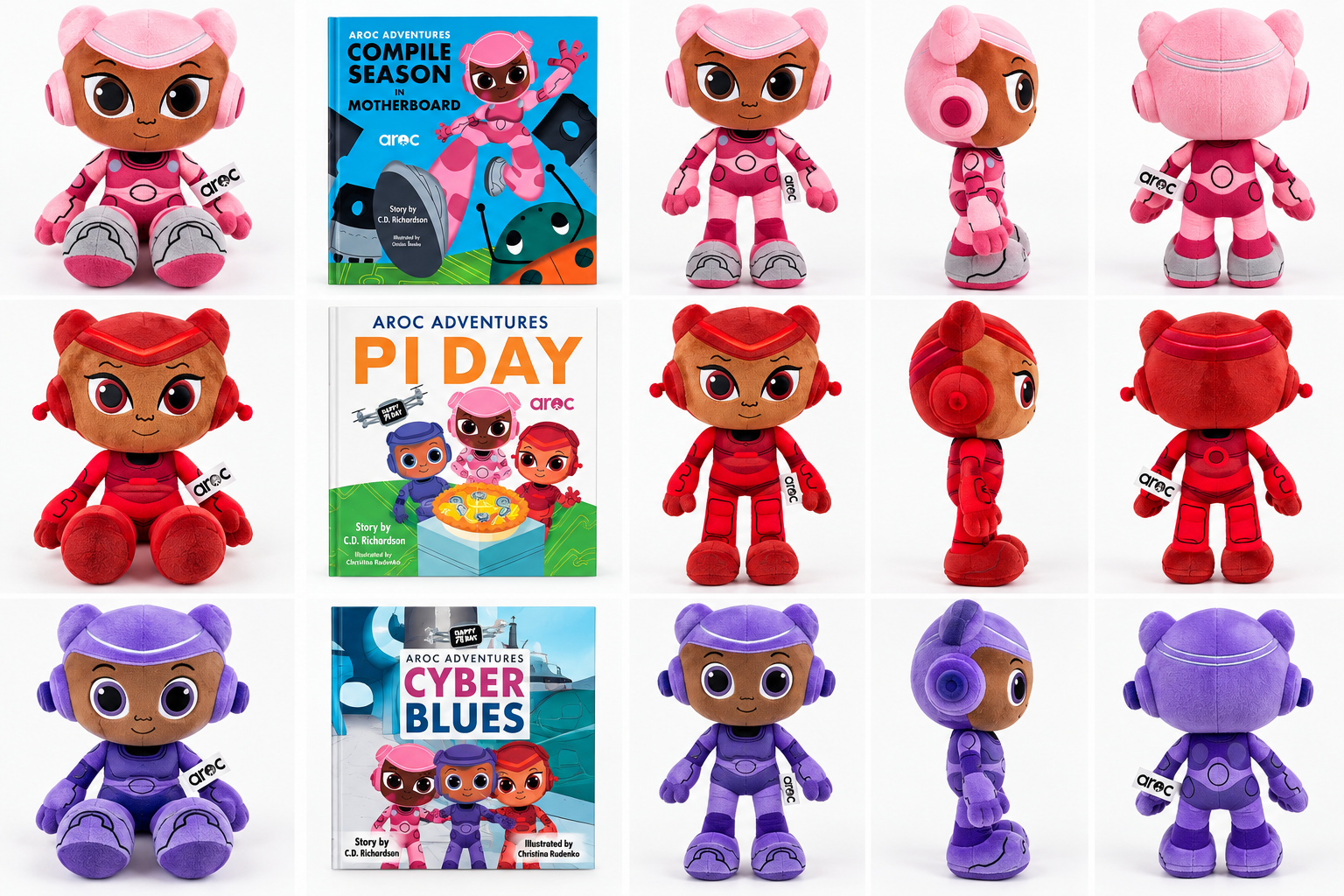 AROC Adventures books and pink, red, and purple character plushies