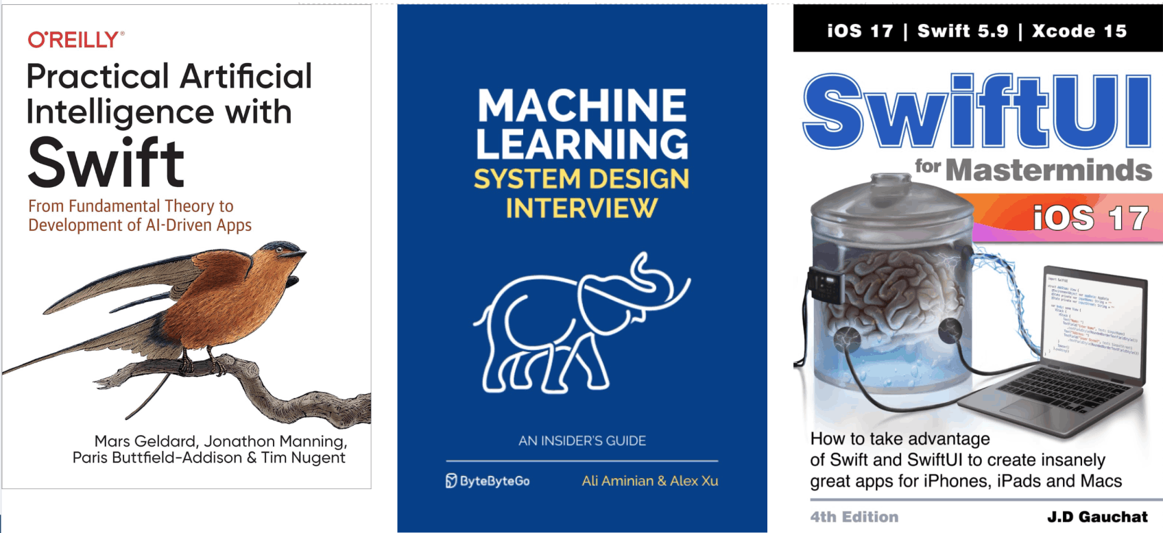 Developer books covering Swift, artificial intelligence, machine learning, and app development