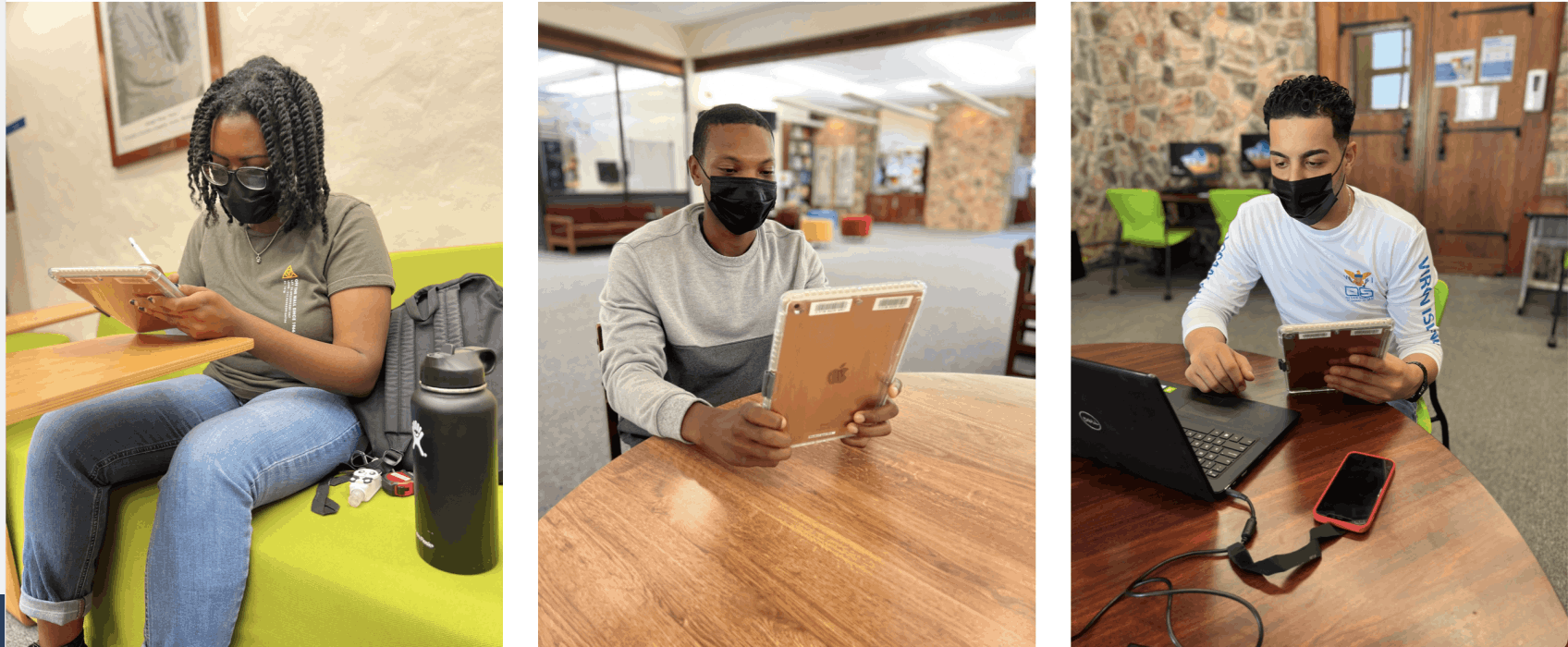 Three University of the Virgin Islands students using iPads through the lending-library program