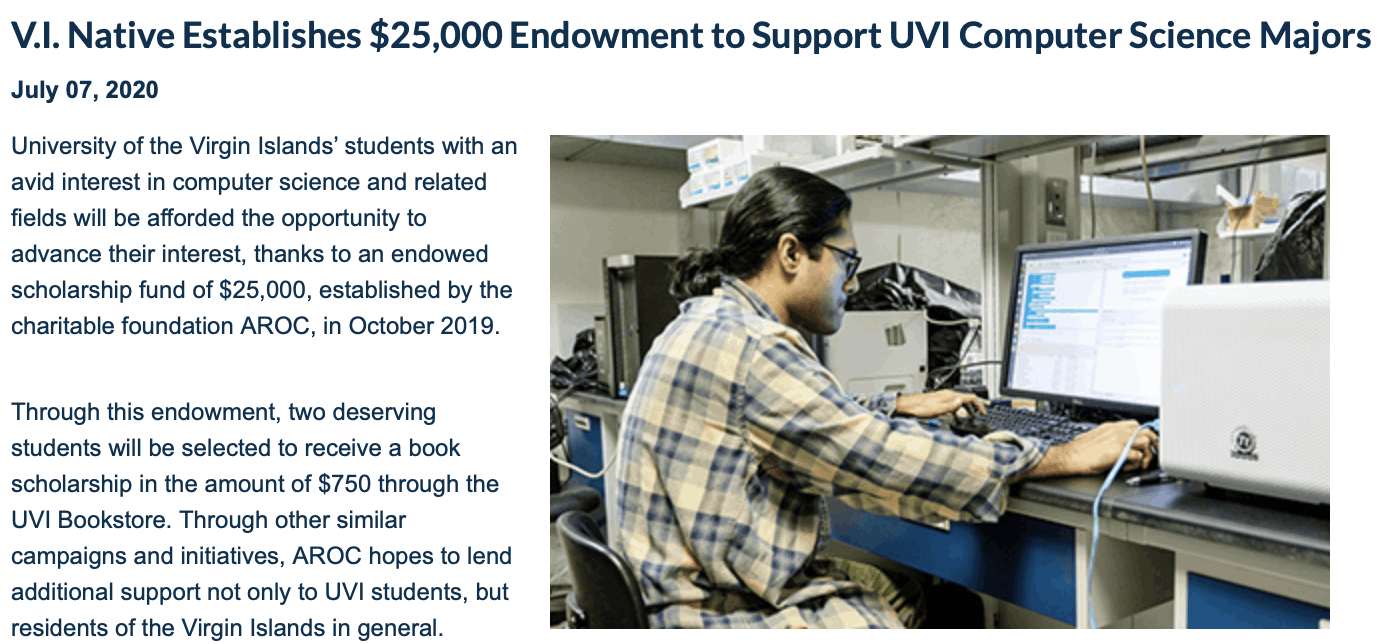 University of the Virgin Islands article announcing AROC’s $25,000 computer science scholarship endowment
